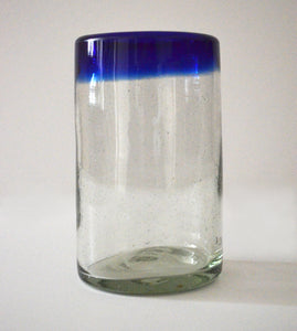 Hand blown water glass with a blue rim
